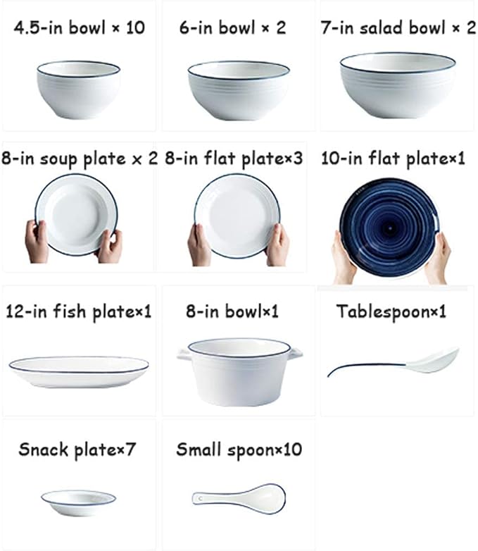 Elegant Creativity Dinnerware Set, 40 Piece Ceramics Dinner Plate - Bowl/Dish/Spoon | Pure White Blue Line Porcelain Combination Set for Restaurant Microwave Safe
