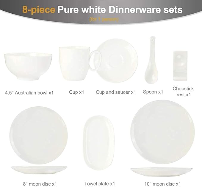 Pure White Porcelain Dinnerware Set Tableware Set Stoneware Dish Dinner Plates Dinner Set Dinner Service For1/2/4/10/16 People (White 128 Pcs(16 Set))