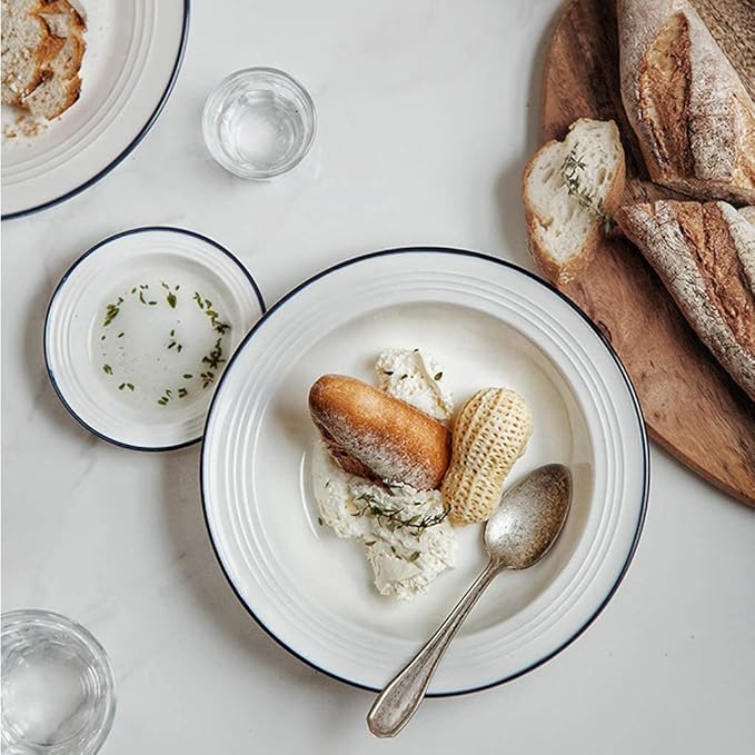 Elegant Creativity Dinnerware Set, 40 Piece Ceramics Dinner Plate - Bowl/Dish/Spoon | Pure White Blue Line Porcelain Combination Set for Restaurant Microwave Safe