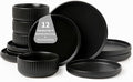 Dinnerware Sets for 4,Microwave Safe Plates and Bowls Sets,12 Piece Dylan Dish Set,Reactive Glaze Stoneware Dinnerware Set (Matte Reactive Dark Night, Service for 4 (12pcs))