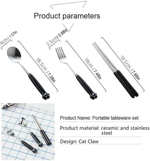 Cute Silverware Set, Cat Paw Ceramic Handle Dinnerware Set Flatware Kitchen Accessories Camping Travel Sets Fork Spoon Chopstick Portable Cutlery Sets with Case, Black Pink Blue Yellow Green